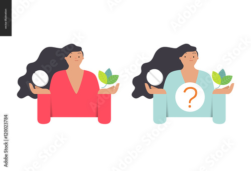 Choosing between an antibiotic pill and natural herbal treatment. Flat vector cartoon illustration of a woman holding a tablet in one hand and plant leaves in another, with a question sign above.