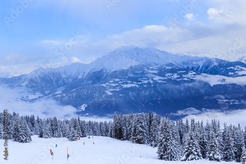 Mountains with snow in winter. Ski Resort Laax. Switzerland