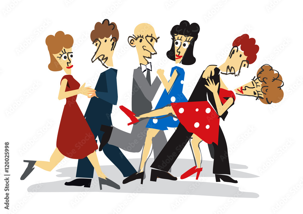 Vetor de Dancing couples cartoon. Three couples dancing ballroom dance
