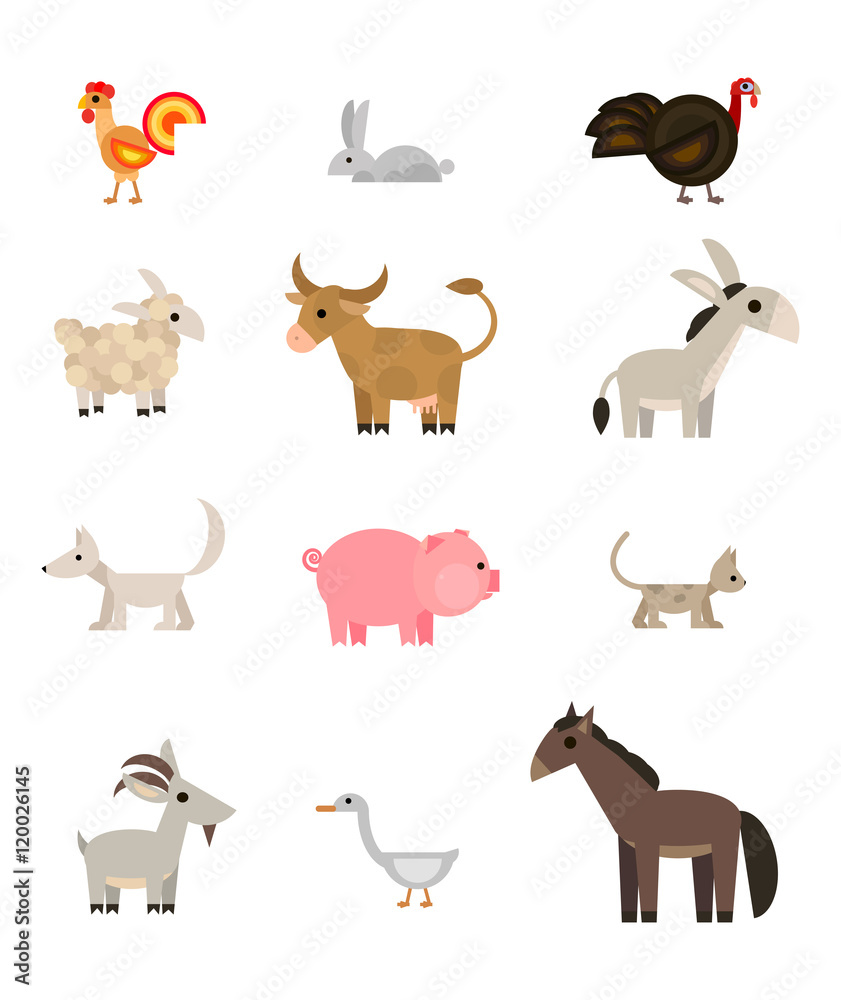 Farm animals and pets set on white background, flat style, vector illustration Farm animals and pets set on white background, flat style, vector illustration