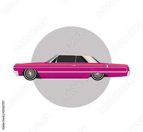 Pink lowrider on gray round background, vintage retro car, flat vector illustration