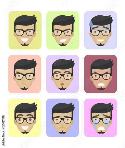 Set business different emotions faces, profile pictures flat icons,  avatars characters. Trendy beard and glasses.
