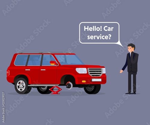 Worried driver calling roadside assistance to help with his breakdown car vector illustration.