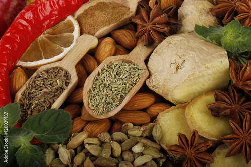 spices on wooden background