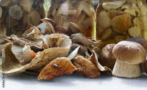 Mushrooms, jam, dried mushrooms and boletus pickled in a jar on light table.