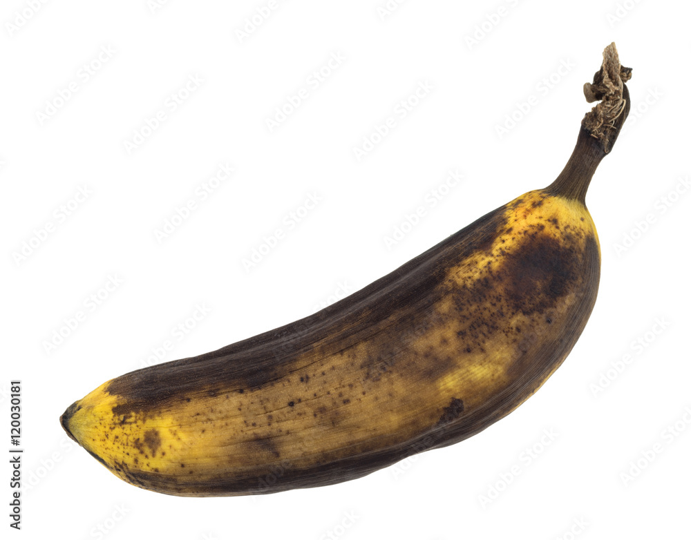 Very ripe banana on a white background.