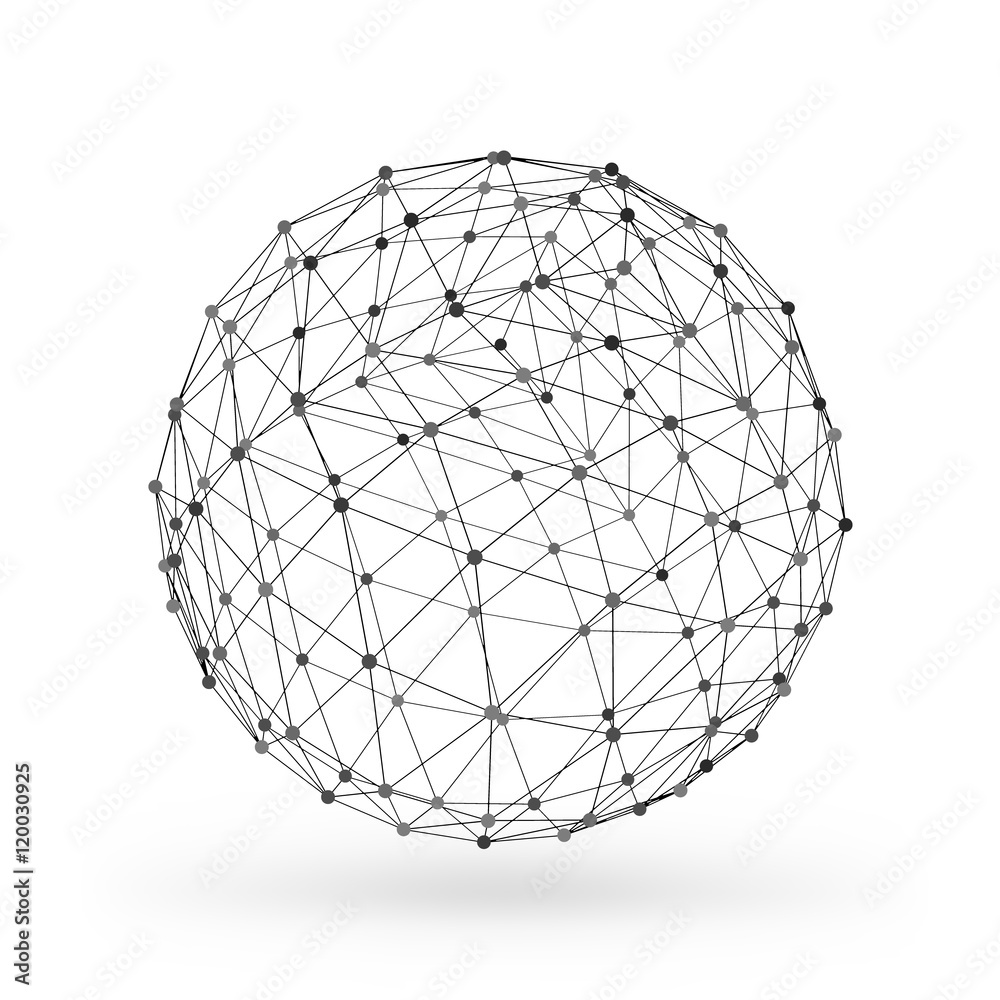 Wireframe polygonal geometric element. Sphere with connected lines and dots. Vector Illustration on white background with shade Wireframe polygonal geometric element. Sphere with connected lines and dots. Vector Illustration on white background with shade