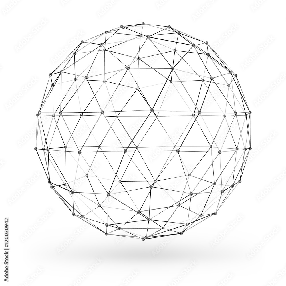 Wireframe polygonal geometric element. Sphere with connected lines and dots. Vector Illustration on white background with shade Wireframe polygonal geometric element. Sphere with connected lines and dots. Vector Illustration on white background with shade