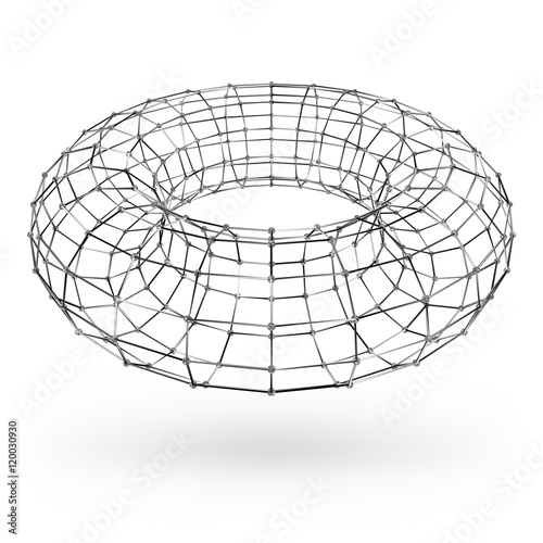 Wireframe polygonal geometric element. Torus with connected lines and dots. Vector Illustration on white background with shade