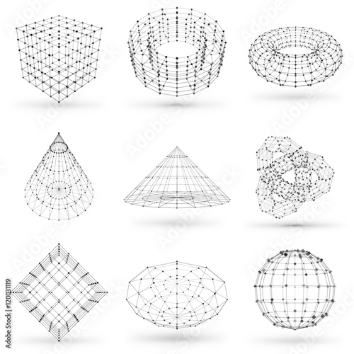 Set of wireframe polygonal elements. Abstract geometric 3D objects with connected lines and dots. Set of vector illustrations on white background with shades