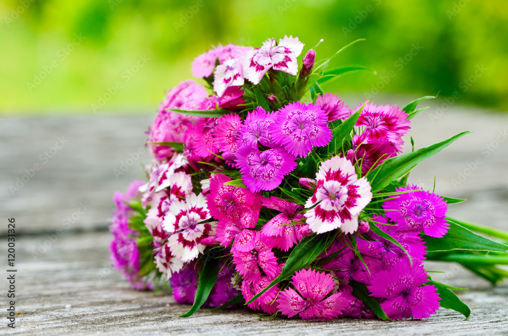 Bouquet of small carnations on a wooden background