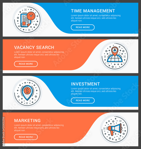 Set of flat line business website banner templates. Vector illustration. Modern thin line icons in circle. Time Management, Vacancy Search, Investment, Marketing