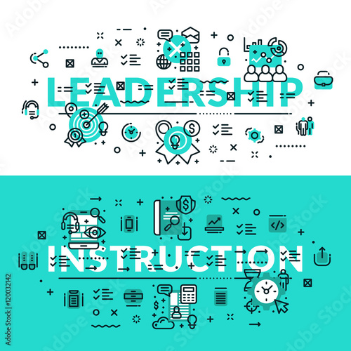 Leadership and Instruction heading, title, web banner. Horizontal colored in white and turquoise flat vector illustration.