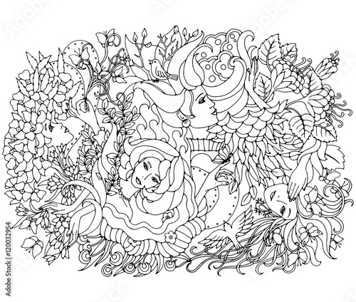Floral decorative element with surreal female faces, leaves, waves, branches and flowers. Black and white vector illustration for coloring pages or other.