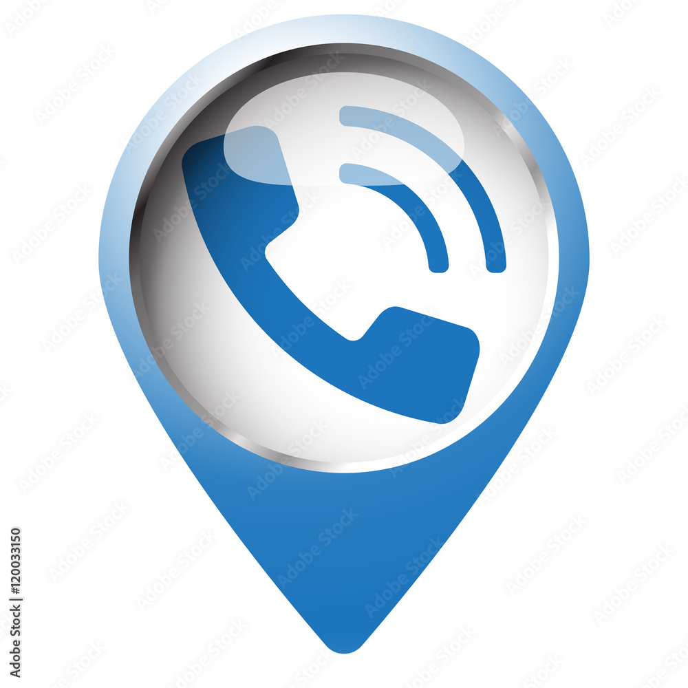 Map pin symbol with Phone icon. Blue symbol on white background. Map pin symbol with Phone icon. Blue symbol on white background.