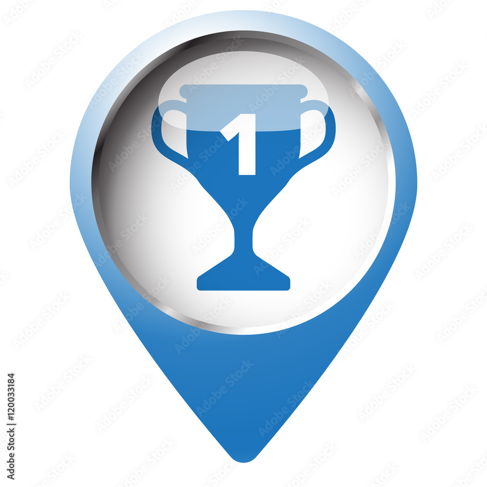 Map pin symbol with Trophy icon. Blue symbol on white background Map pin symbol with Trophy icon. Blue symbol on white background