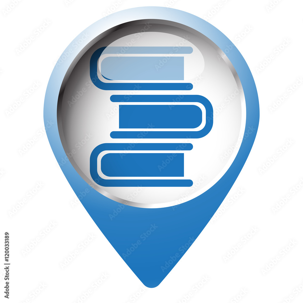Map pin symbol with Books icon. Blue symbol on white background.
