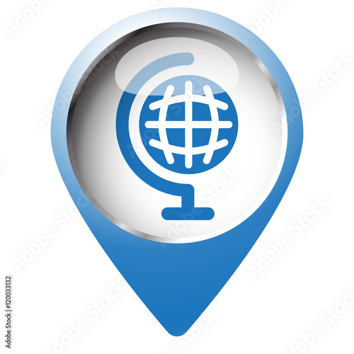Map pin symbol with Earth Globe icon. Blue symbol on white backg
