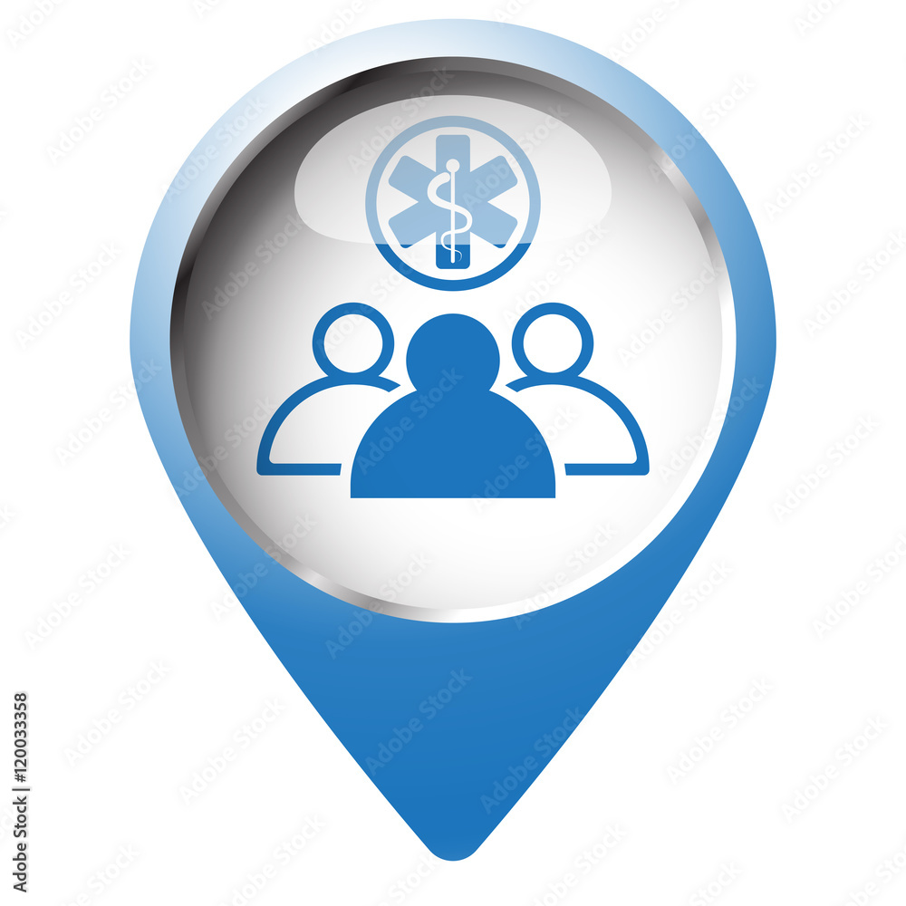 Map pin symbol with Medical Team icon. Blue symbol on white back Map pin symbol with Medical Team icon. Blue symbol on white back