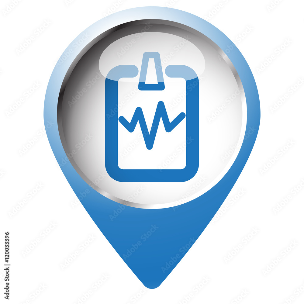 Map pin symbol with Cardiogram Clipboard icon. Blue symbol on wh Map pin symbol with Cardiogram Clipboard icon. Blue symbol on wh