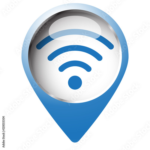 Map pin symbol with Wireless icon. Blue symbol on white backgrou