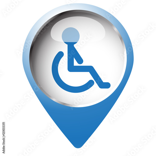 Map pin symbol with Wheel Chair icon. Blue symbol on white backg