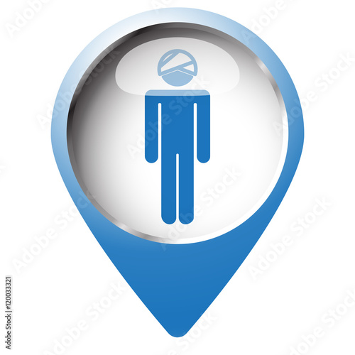 Map pin symbol with Head icon. Blue symbol on white background.