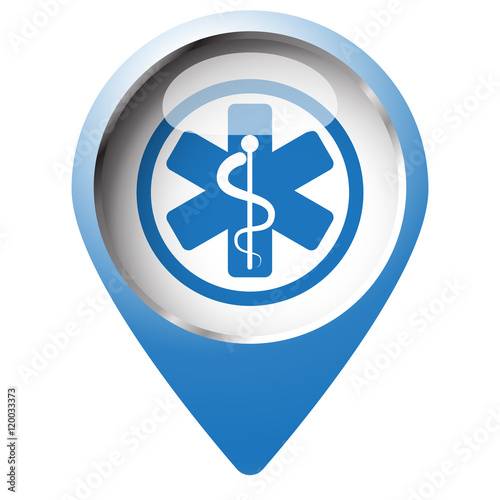 Map pin symbol with Medical  icon. Blue symbol on white backgrou