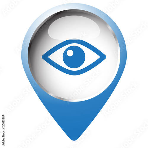 Map pin symbol with Eye icon. Blue symbol on white background.