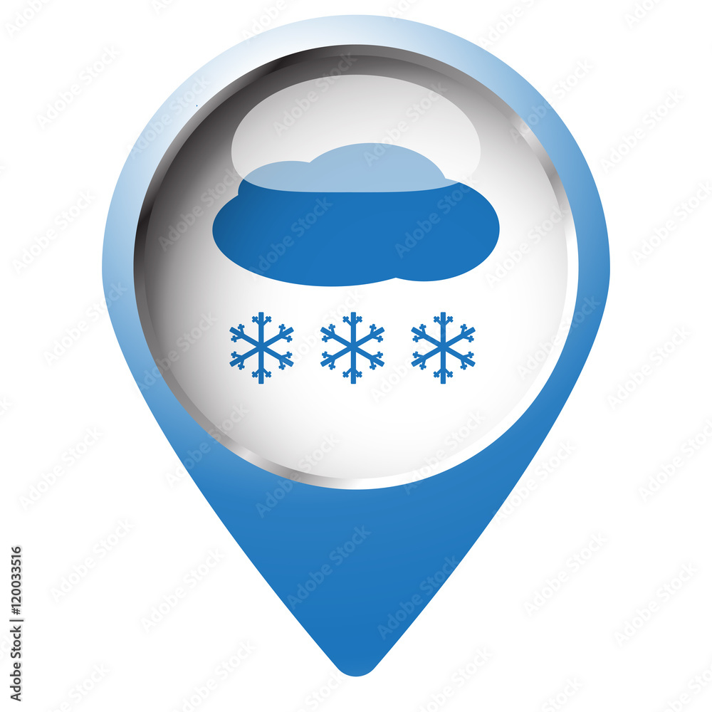 Map pin symbol with Snow icon. Blue symbol on white background. Map pin symbol with Snow icon. Blue symbol on white background.