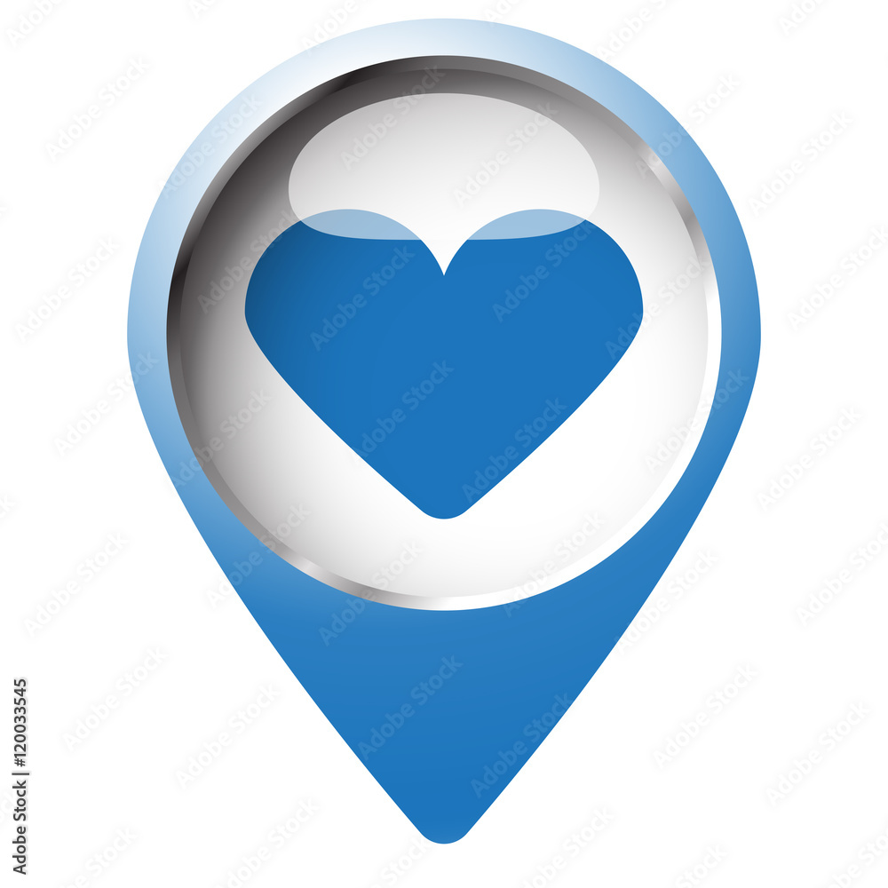 Map pin symbol with Heart icon. Blue symbol on white background. Map pin symbol with Heart icon. Blue symbol on white background.