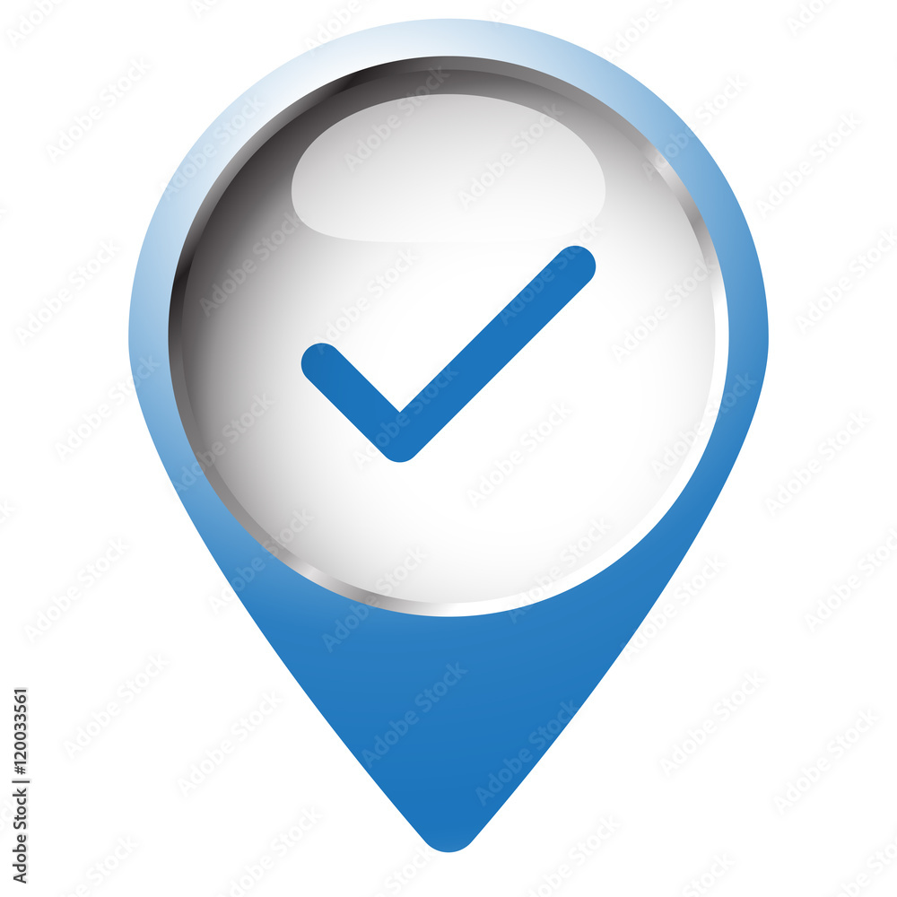 Map pin symbol with Confirm icon. Blue symbol on white backgroun Map pin symbol with Confirm icon. Blue symbol on white backgroun