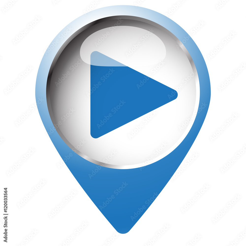 Map pin symbol with Play icon. Blue symbol on white background. Map pin symbol with Play icon. Blue symbol on white background.