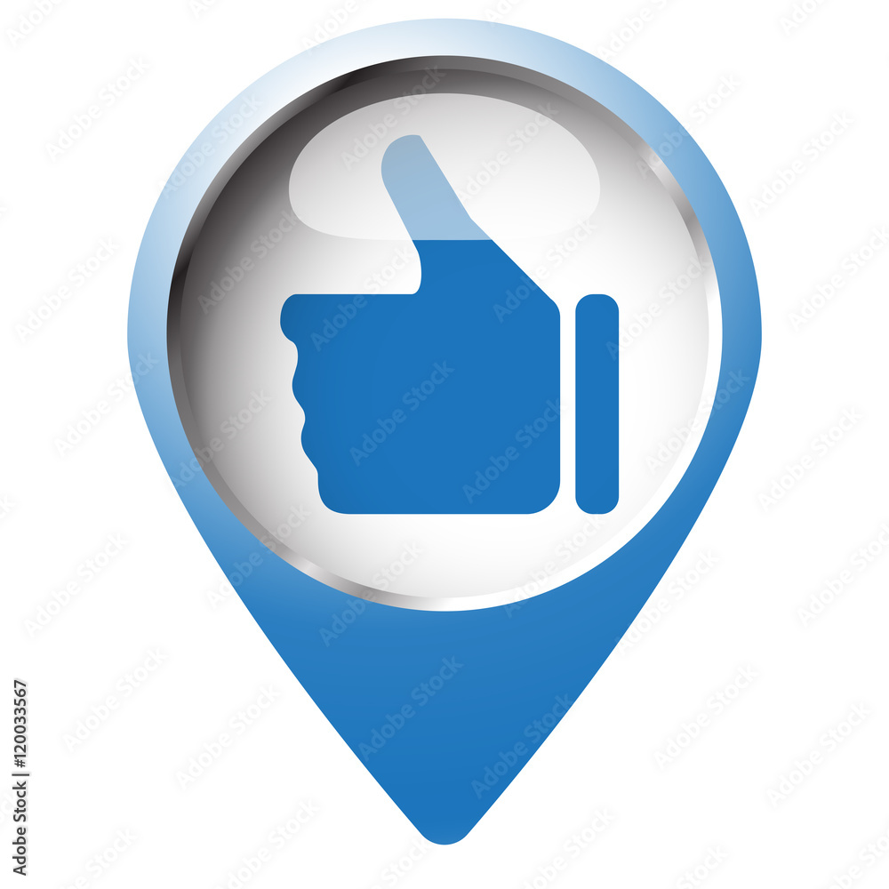 Map pin symbol with Thumb Up icon. Blue symbol on white backgrou