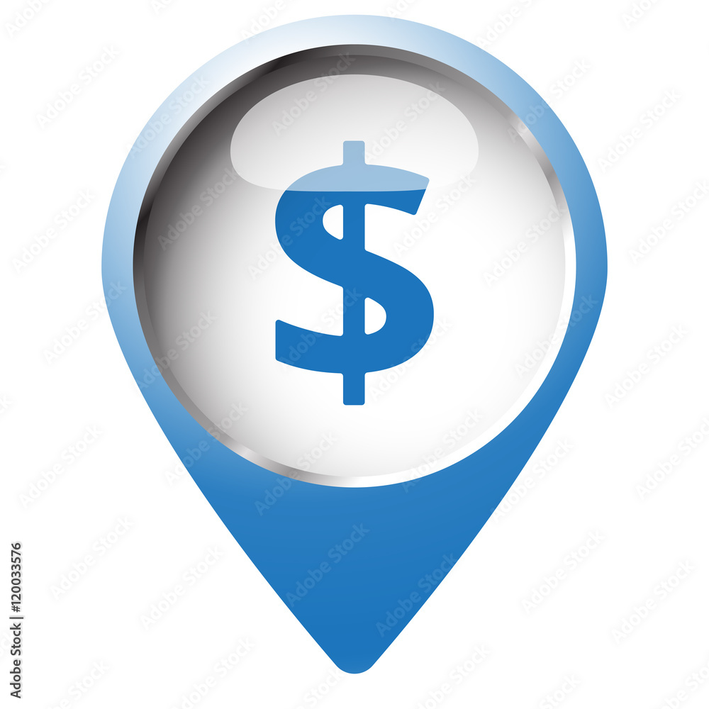 Map pin symbol with Dollar icon. Blue symbol on white background Map pin symbol with Dollar icon. Blue symbol on white background