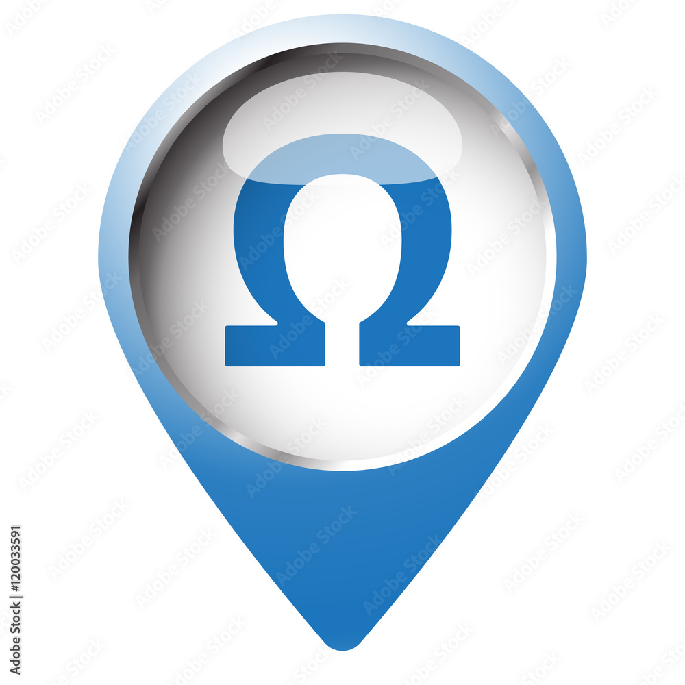 Map pin symbol with Omega icon. Blue symbol on white background. Map pin symbol with Omega icon. Blue symbol on white background.