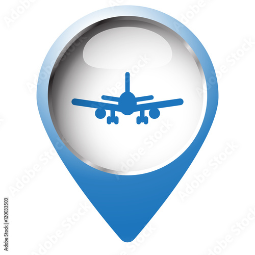Map pin symbol with Airplane icon. Blue symbol on white backgrou