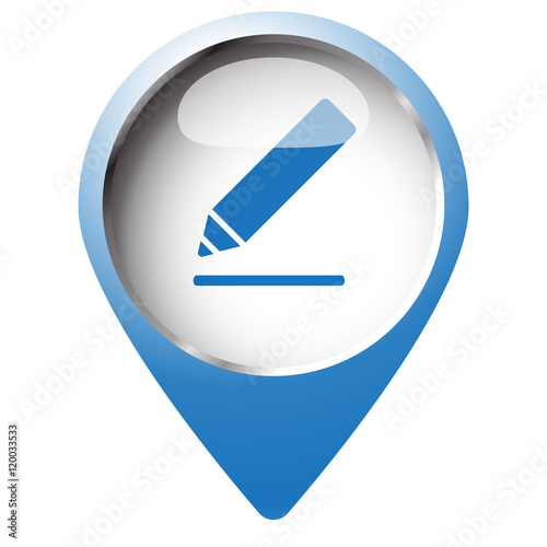 Map pin symbol with Sign Here icon. Blue symbol on white backgro