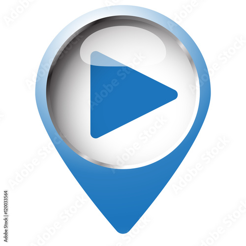 Map pin symbol with Play icon. Blue symbol on white background.