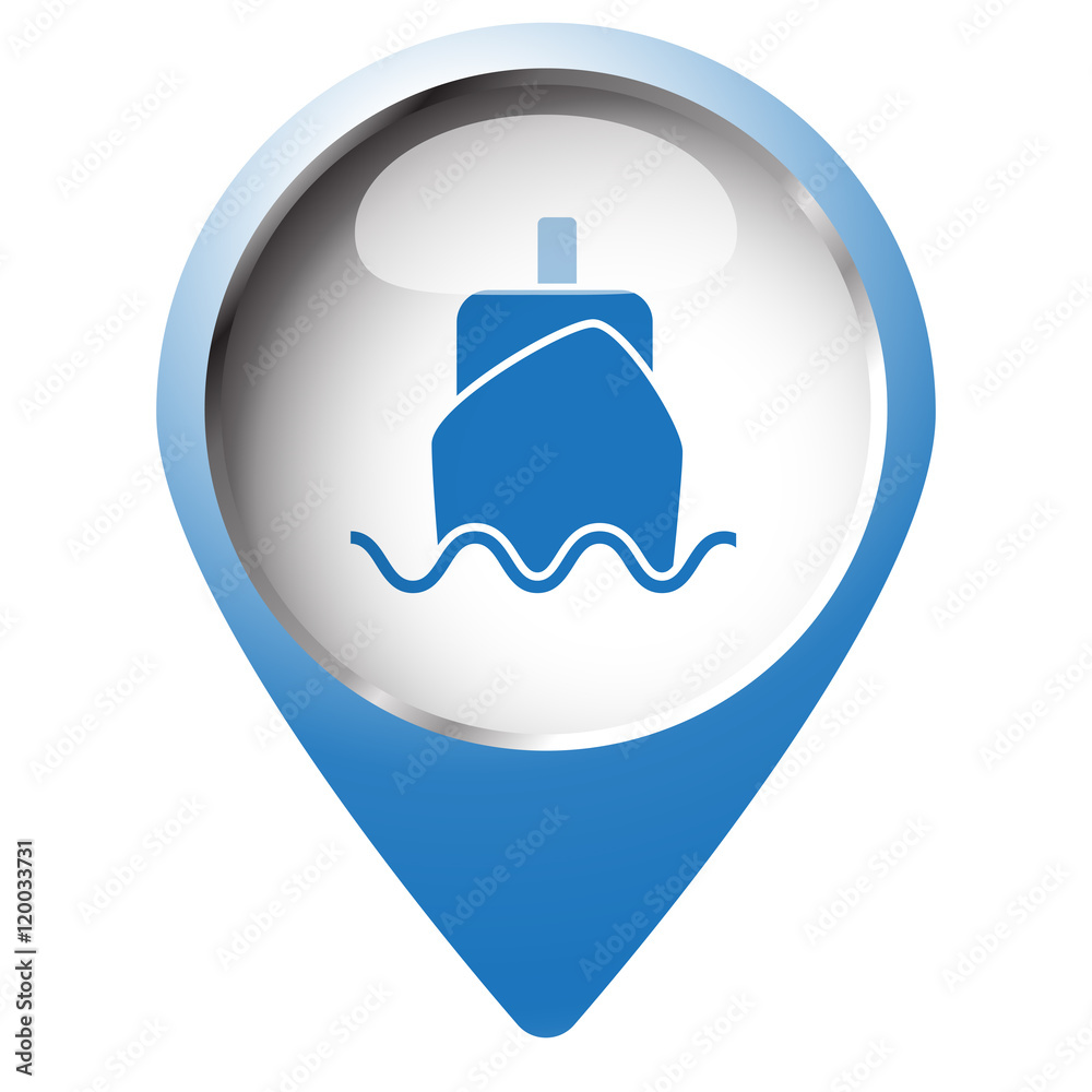 Map pin symbol with Boat icon. Blue symbol on white background. Map pin symbol with Boat icon. Blue symbol on white background.