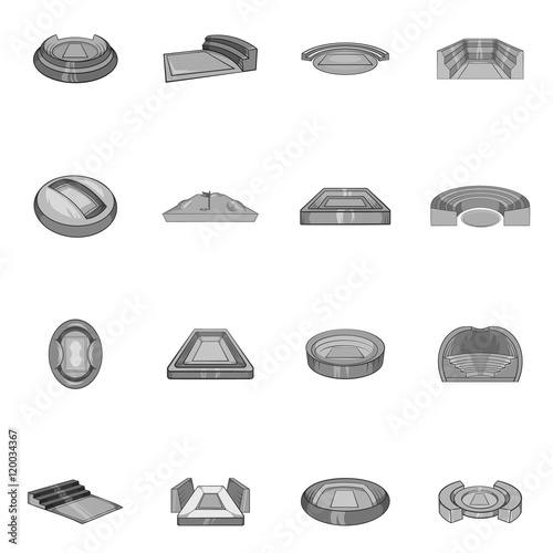 Sport stadium icons set in black monochrome style. Sport fields set collection vector illustration