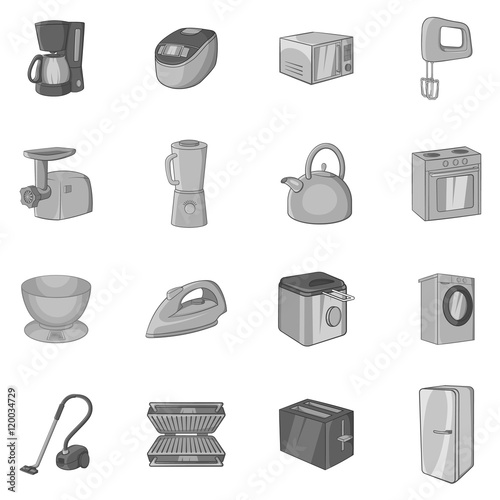 Household appliance icons set in black monochrome style. Consumer electronics set collection vector illustration
