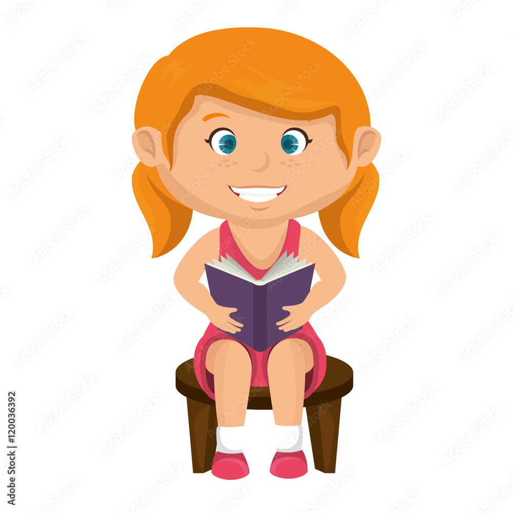 girl smiling reading a book happy child kid face cartoon vector illustration