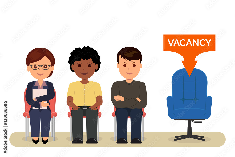 Vacancy. Cartoon people sitting on chairs awaiting an interview for employment. Recruitment.