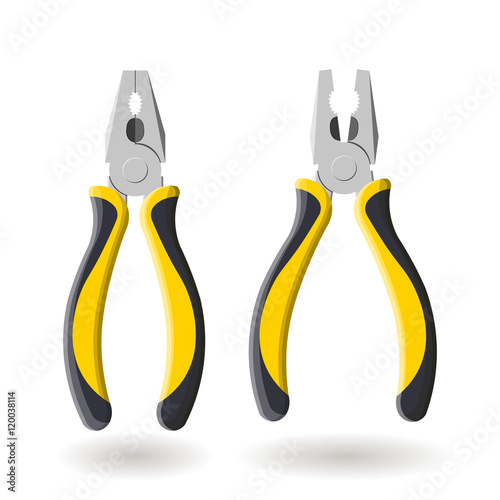 Set of two yellow pliers isolated on white background, realistic vector illustration