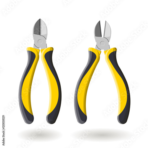 Set of two yellow side cutters, isolated on white background, realistic vector illustration