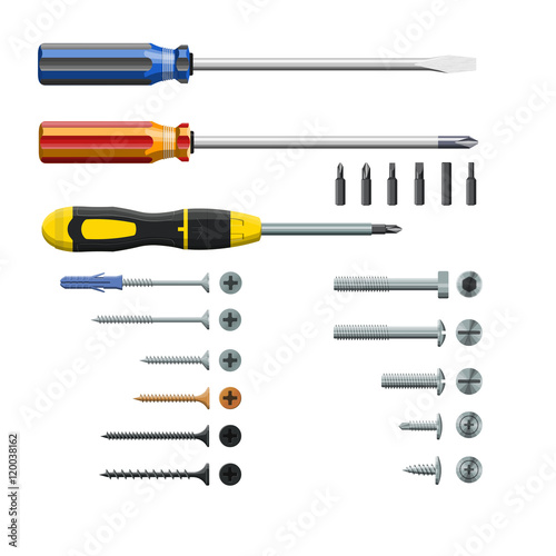 Set of three different screwdrivers, bits and screws, isolated on white background, realistic, vector illustration