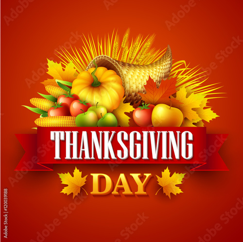 Illustration of a Thanksgiving cornucopia full of harvest fruits and vegetables. Fall greeting design. Autumn harvest celebration. Pumpkin and leaves. Vector illustration