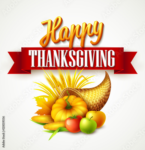Illustration of a Thanksgiving cornucopia full of harvest fruits and vegetables. Fall greeting design. Autumn harvest celebration. Pumpkin and leaves. Vector illustration