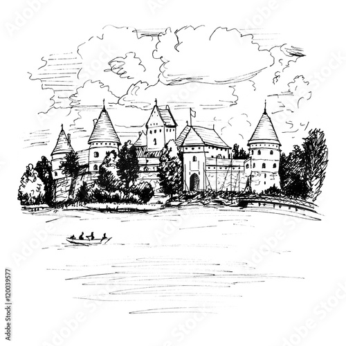 Color hand drawing, Trakai Island Castle or Traku pilis in summer day near Vilnius, Lithuania. Picture made liner